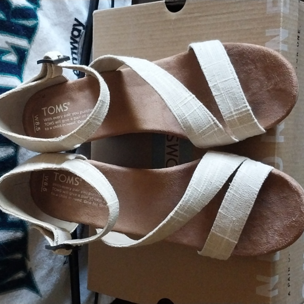 Toms Beige Linen Cork Wedges - Clarissa Size 8.5
